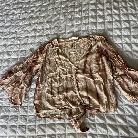 Lovestitch Cream and Brown Boho Metallic Patterned Top - Picture 1 of 9